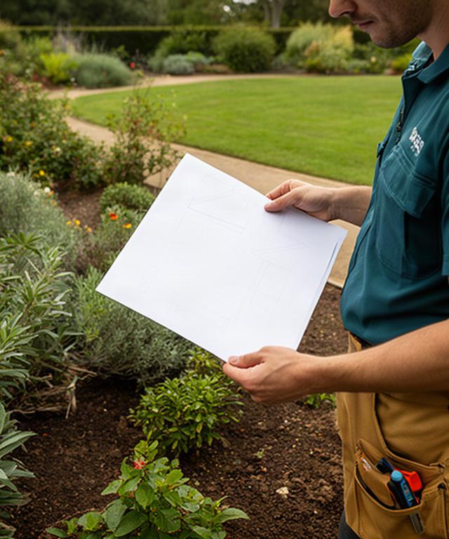 Tecnico del verde durante il sopralluogo di un giardino, con planimetria e piante osservate sul posto